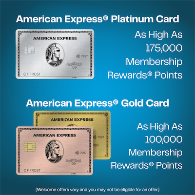 Image showing American Express Platinum and Gold cards. Platinum card offers up to 175,000 Membership Rewards points; Gold card offers up to 100,000 points. Text notes that welcome offers vary and eligibility may differ.