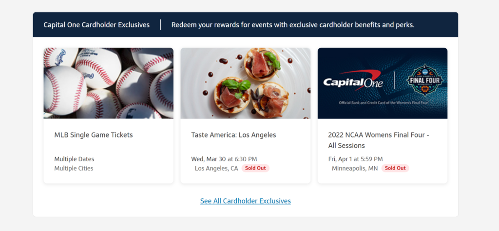 A webpage section titled Capital One Cardholder Exclusives shows three event offers: MLB game tickets, a food event in Los Angeles, and NCAA Womens Final Four tickets, with two marked as sold out.
