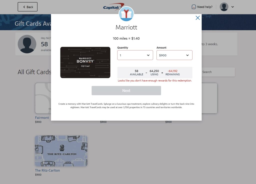 A Capital One rewards page shows a Marriott $100 e-gift card selected for 14,000 miles. The user has 58 miles, not enough for redemption. Other options like Fairmont and The Ritz-Carlton gift cards are partially visible.