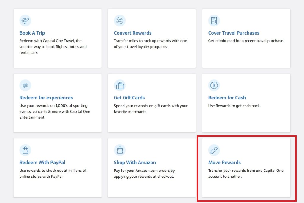 A webpage displays various Capital One rewards options in a grid. The Move Rewards option, highlighted with a red box, allows users to transfer rewards from one Capital One account to another.