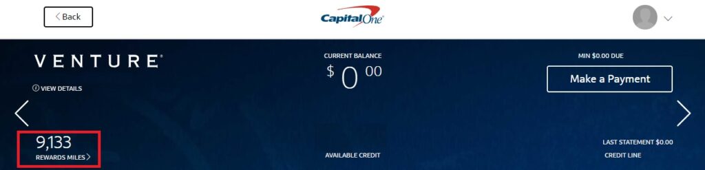 Screenshot of a Capital One Venture credit card account page showing 9,133 rewards miles in the lower left and a current balance of $0.00. A Make a Payment button appears on the right.
