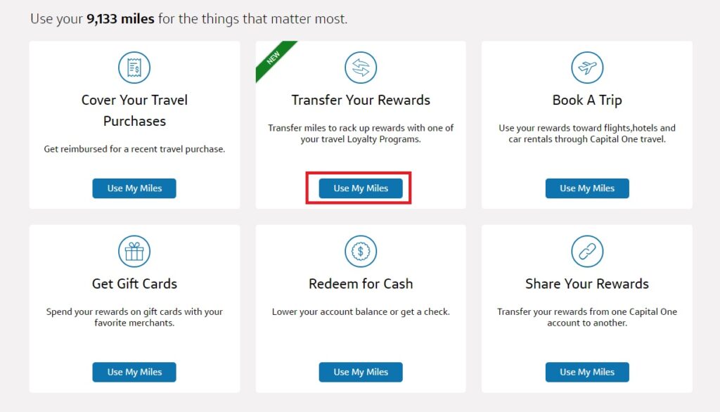 A webpage displays six options for using travel reward miles, including covering travel purchases, transferring rewards, booking a trip, getting gift cards, redeeming for cash, and sharing rewards. Each option has a Use My Miles button.