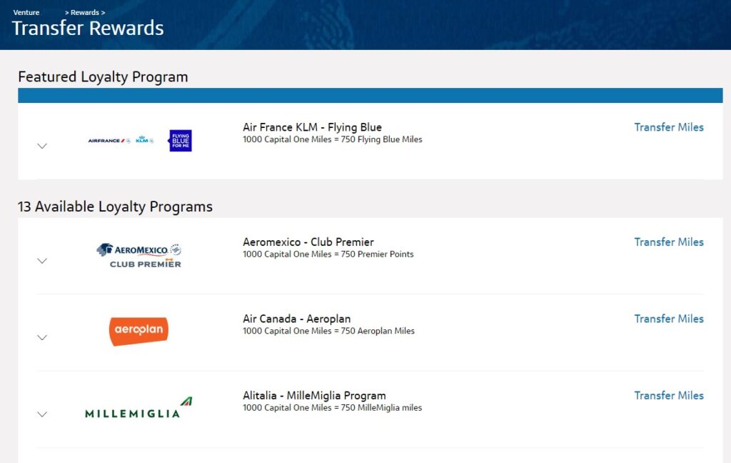 Screenshot of a “Transfer Rewards” page showing Capital One Venture miles options. Air France KLM is the featured loyalty program. Aeromexico, Air Canada, and Alitalia are listed as additional programs.