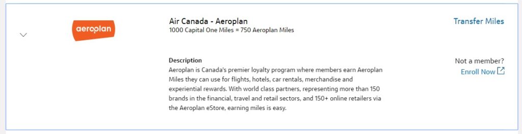 Screenshot showing the Air Canada Aeroplan loyalty program, where 1000 Capital One miles equals 750 Aeroplan miles. Includes a description, transfer option, and Enroll Now link for new members.