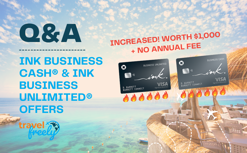 A scenic oceanfront patio with tables and chairs, overlaid with text about Ink Business Cash and Ink Business Unlimited credit card offers. Two credit cards and fire emojis highlight an increased $1,000 reward and no annual fee.