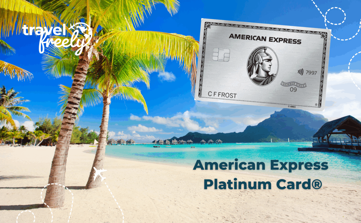 A tropical beach with turquoise water and palm trees under a blue sky. An American Express Platinum Card is displayed above the sand with the text “travel freely” and “American Express Platinum Card®.”.
