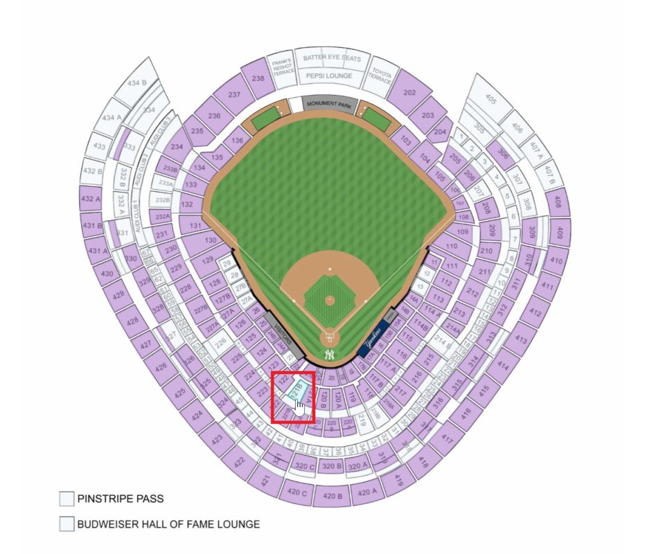Seating chart of a baseball stadium with labeled sections; the Pinstripe Pass and Budweiser Hall of Fame Lounge areas are highlighted in light blue and red, respectively, near left field.