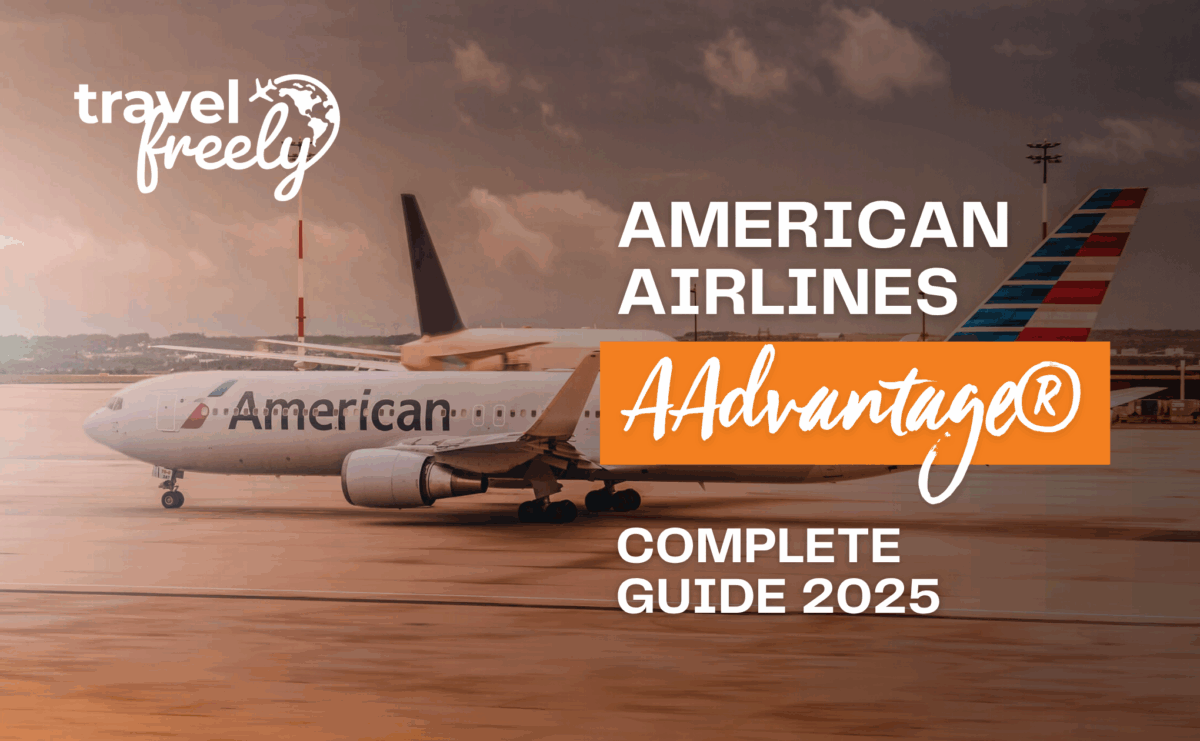 A white American Airlines plane on a wet tarmac with travel freely, AMERICAN AIRLINES AAdvantage® COMPLETE GUIDE 2025 text overlaid on the image.