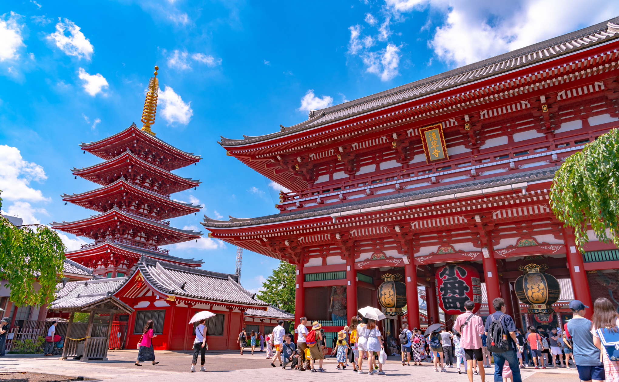 People walk around Senso-ji Temple in Tokyo on a sunny day, with clear blue sky, the iconic red pagoda, and the large temple gate in view. Some visitors carry umbrellas for shade, perhaps pondering how to use rewards points for their next trip.