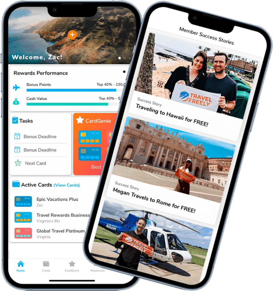 Two smartphones displaying a travel rewards app. The left screen shows a dashboard with rewards, tasks, and credit cards. The right screen displays member success stories about traveling to Hawaii and Rome for free.