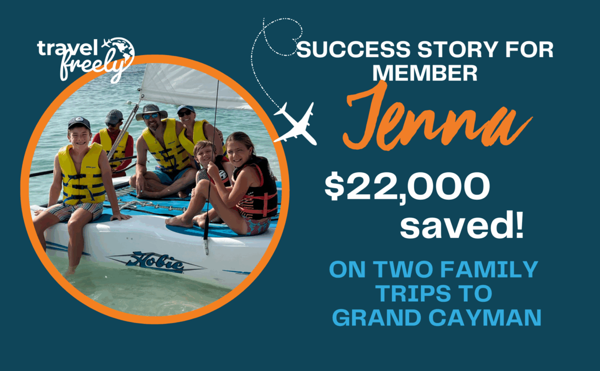A family of six wearing life jackets sits on a catamaran in clear blue water. Text reads: Travel Freely. Success story for member Jenna: $22,000 saved! On two family trips to Grand Cayman. An airplane icon is also shown.
