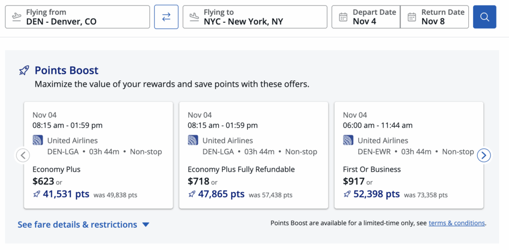 Flight options from Denver to New York for November 4th on United Airlines, with prices and points for Economy Plus, Fully Refundable, and First or Business class. Departure and arrival times included—perfect for travelers using the best hotel credit cards.