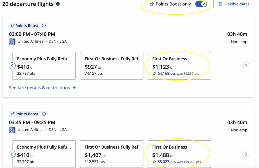 Screenshot of United Airlines flight options from Denver to New York. First or Business class fares are highlighted: $1,123 or 64,169 miles, and $1,488 or 85,027 miles. Great for travelers using the best hotel credit cards to earn points. “Points Boost only” filter is enabled.