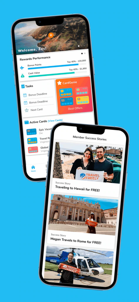 Two smartphones display an app. The top phone shows a rewards dashboard with stats, tasks, and cards. The lower phone shows member success stories of traveling to Hawaii and Rome for free, with photos of smiling travelers.