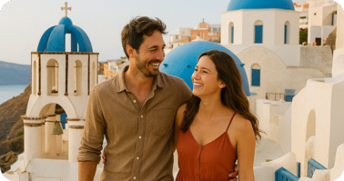 A smiling couple walks together in front of white buildings with blue domes, typical of Santorini, Greece, under sunny skies.