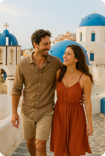 A smiling couple walks arm in arm on a stone path in Santorini, Greece, with white buildings and blue-domed churches in the background under a clear sky.