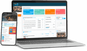A smartphone and a laptop display a dashboard with travel rewards details, including bonus points, cash value, and card activity. The layout features charts, tabs, and widgets for tracking rewards and upcoming trips.