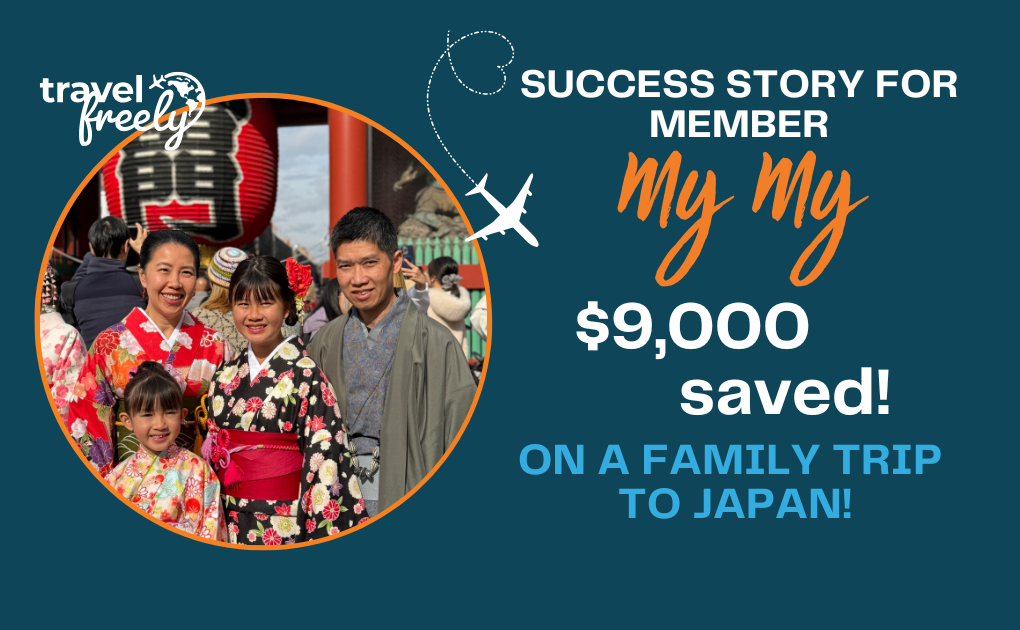 A smiling family in colorful kimonos poses in front of a Japanese temple. Text reads: Success story for member My My; $9,000 saved! On a family trip to Japan! with the Travel Freely logo and a flying airplane.