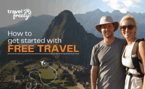 A smiling couple stands in front of Machu Picchu ruins under a partly cloudy sky. Text reads: How to get started with FREE TRAVEL and travel freely with a plane graphic tracing a path.