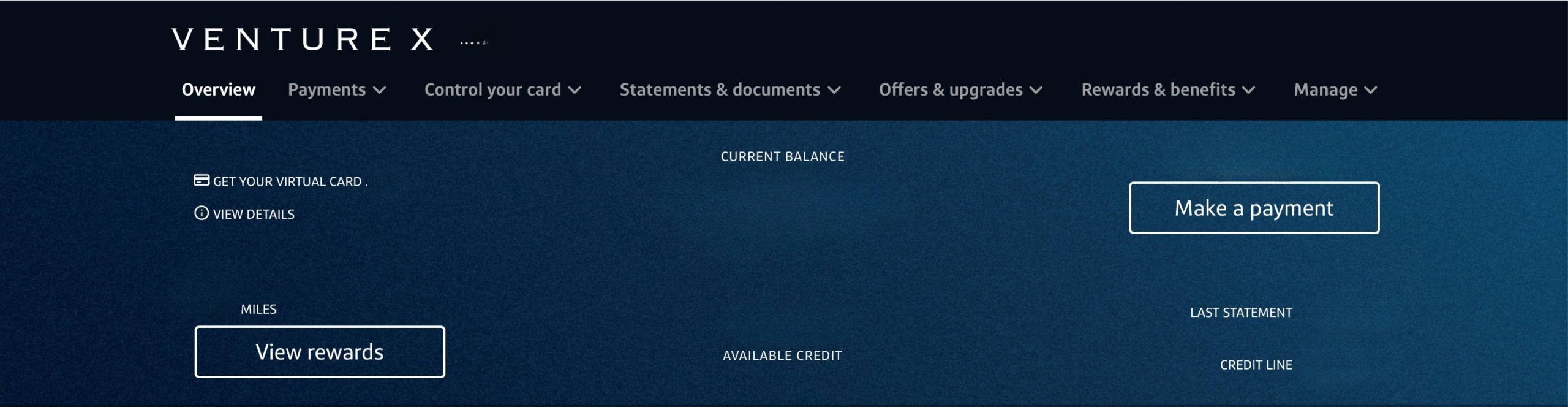 Screenshot of the Capital One Venture X credit card online dashboard, displaying menu options like Overview, Payments, Rewards & Benefits, and buttons for “Make a payment” and “View rewards.”.