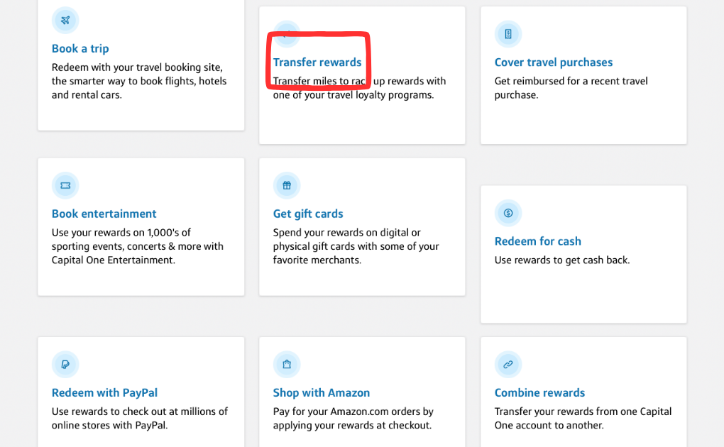 A grid of reward options on a website. The Transfer rewards box in the top center, with the text Transfer miles to a card, is highlighted with a red rectangle. Other options surround it.