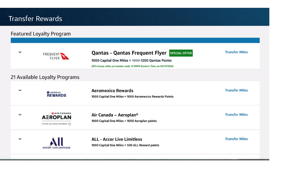 A screenshot of a Transfer Rewards page shows Qantas Frequent Flyer as a featured loyalty program, with 1,000 Capital One miles = 1,000–2,000 Qantas points. Other programs listed include Aeromexico, Air Canada, and Accor.