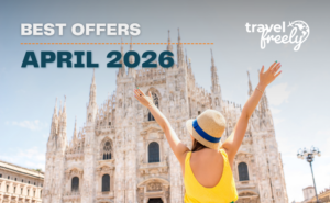 A woman in a hat raises her arms facing the Milan Cathedral in Italy. Text on the image reads Best Offers April 2026 and travel freely with a flying plane logo—discover the best travel credit card for your next adventure!.