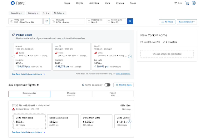 Screenshot of a travel booking website showing flight search results from New York, NY to Rome, with options, prices, points offers—reminding you that not all points are equal—plus filters and travel dates of Nov 9 to Nov 13 for 2 travelers.