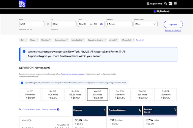 A flight search results page shows options from NYC to Rome for November 9–13 for 2 adults. Flight classes include Economy, Premium Economy, and Business, with prices in miles and cash listed under each class—remember, not all points are equal.