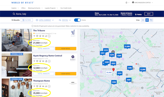 Screenshot of a hotel booking website showing Rome, Italy. Three hotels are listed on the left with nightly point rates circled in yellow, reminding users that not all points are equal. A map on the right displays hotel locations with prices in blue circles.