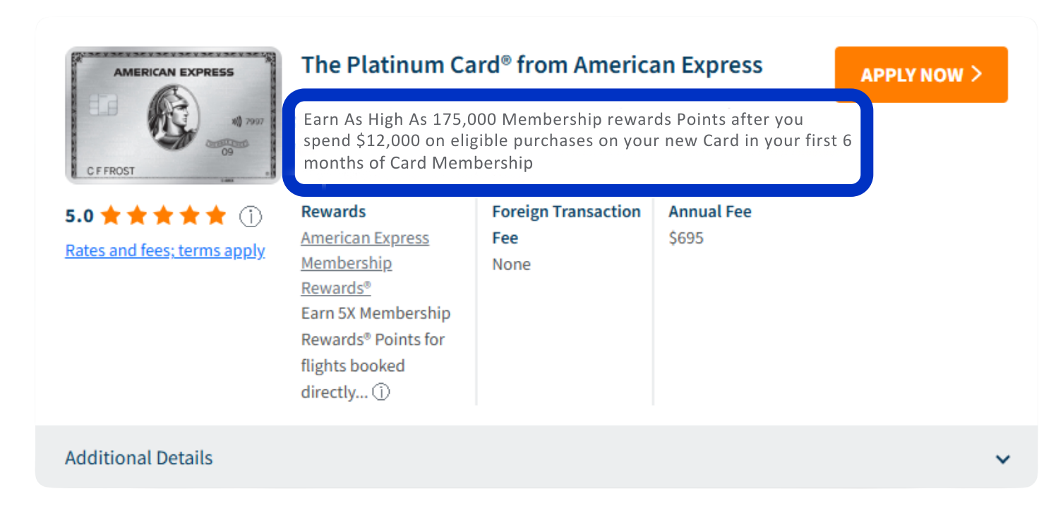 Screenshot of an American Express Platinum Card offer, featuring a card image, application button, and highlighted text about earning up to 175,000 points after spending $12,000 in 6 months with the cardmatch tool.