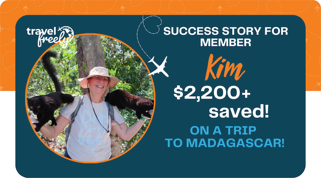A smiling woman wearing a hat stands outdoors with two lemurs on her shoulders. Text reads: Success story for member Kim. $2,200+ saved! Not all points are equal—Kim made the most of hers on a trip to Madagascar! Travel Freely. Airplane and travel-themed graphics decorate the image.