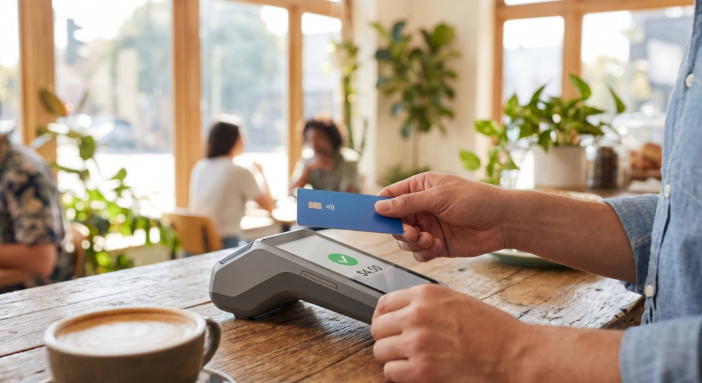 A person holds a blue credit card over a payment terminal in a café, ready to tap and pay. A coffee cup sits nearby on the wooden counter, and people sit at tables in the background with natural light streaming in.