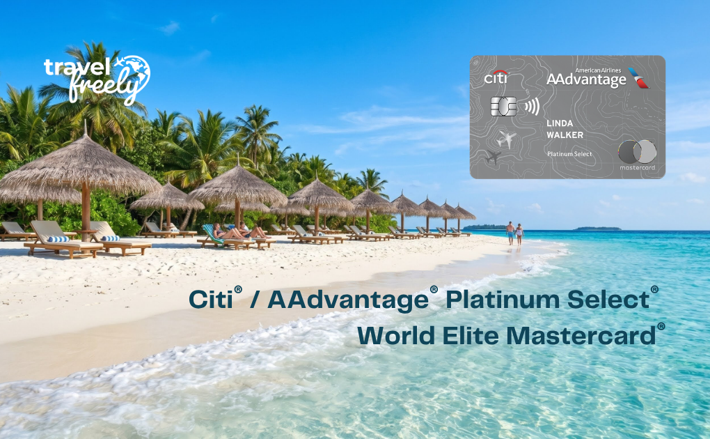 A Citi / AAdvantage Platinum Select World Elite Mastercard credit card floating over a sunny tropical beach with lounge chairs under thatched umbrellas.