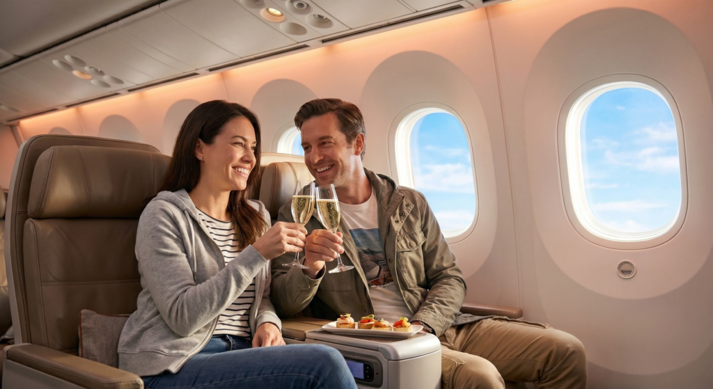 A man and woman sit in airplane seats, smiling and making a toast with champagne glasses. A small tray of snacks is between them. Sunlight streams through the plane windows in the background.