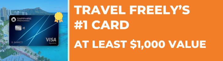 A credit card image with a beach and city background on the left and bold text on an orange background on the right that reads, Travel Freely’s #1 Card – At least $1,000 value.