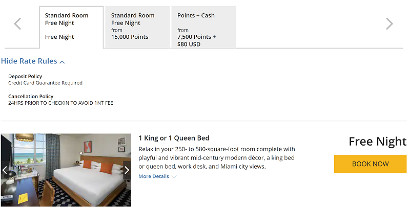 Hotel booking page showing a standard room with 1 king or 1 queen bed, mid-century decor, and large window. Text details free night options using points, cancellation policy, and a yellow Book Now button.