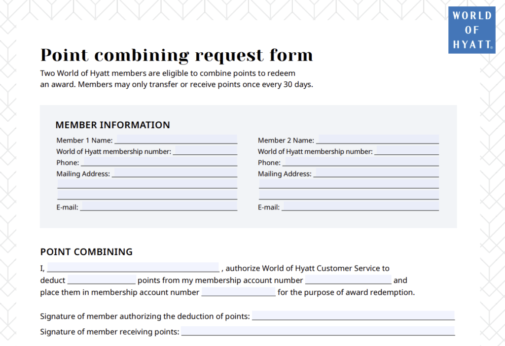 A form titled Point combining request form for World of Hyatt members, with spaces to enter two members information and details for authorizing point transfers and signatures.