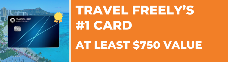 A credit card with a ribbon is shown on a beach background. Text says, Travel Freelys #1 Card. At least $750 value on an orange background.