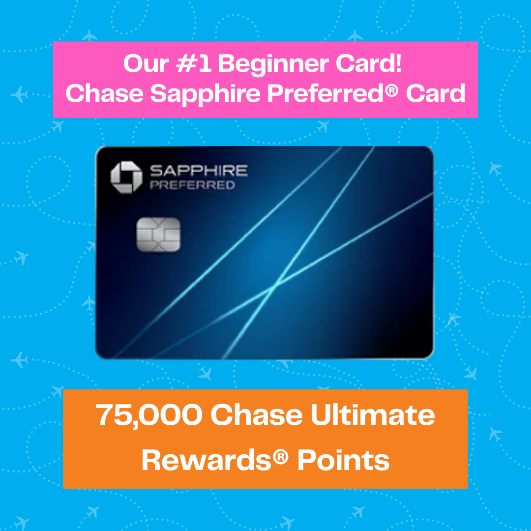 A Chase Sapphire Preferred credit card on a blue patterned background, with text promoting it as a top beginner card and offering 75,000 Chase Ultimate Rewards points.