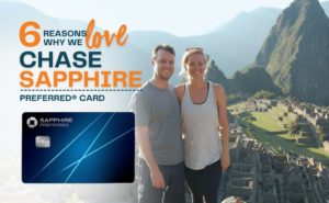 Smiling couple stands at Machu Picchu with sunlight and mountains behind them; text promotes the Chase Sapphire Preferred card, showing a card image.