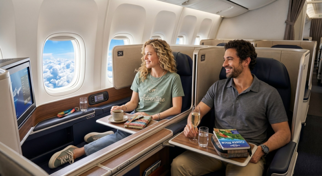 A smiling woman and man relax in first class airplane seats, enjoying drinks and snacks while watching in-flight entertainment. Daylight streams in through large windows showing clouds outside.