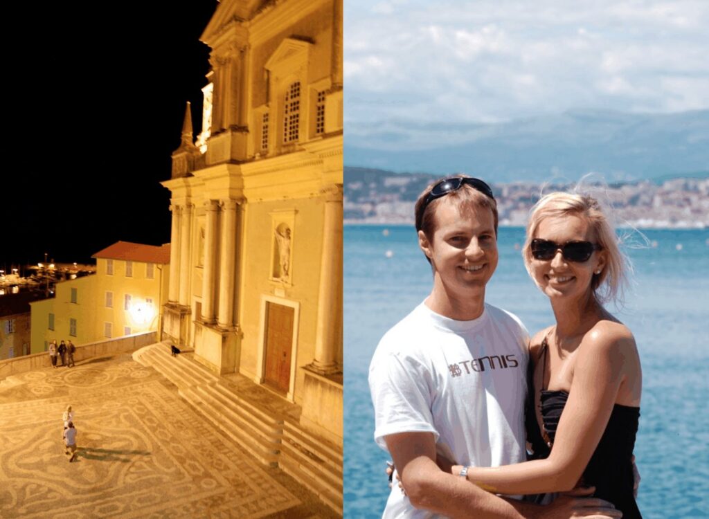 Split image: Left side shows a yellow-lit historic building and patterned plaza at night; right side, a smiling couple poses by the sea with distant city and mountains under a bright sky.