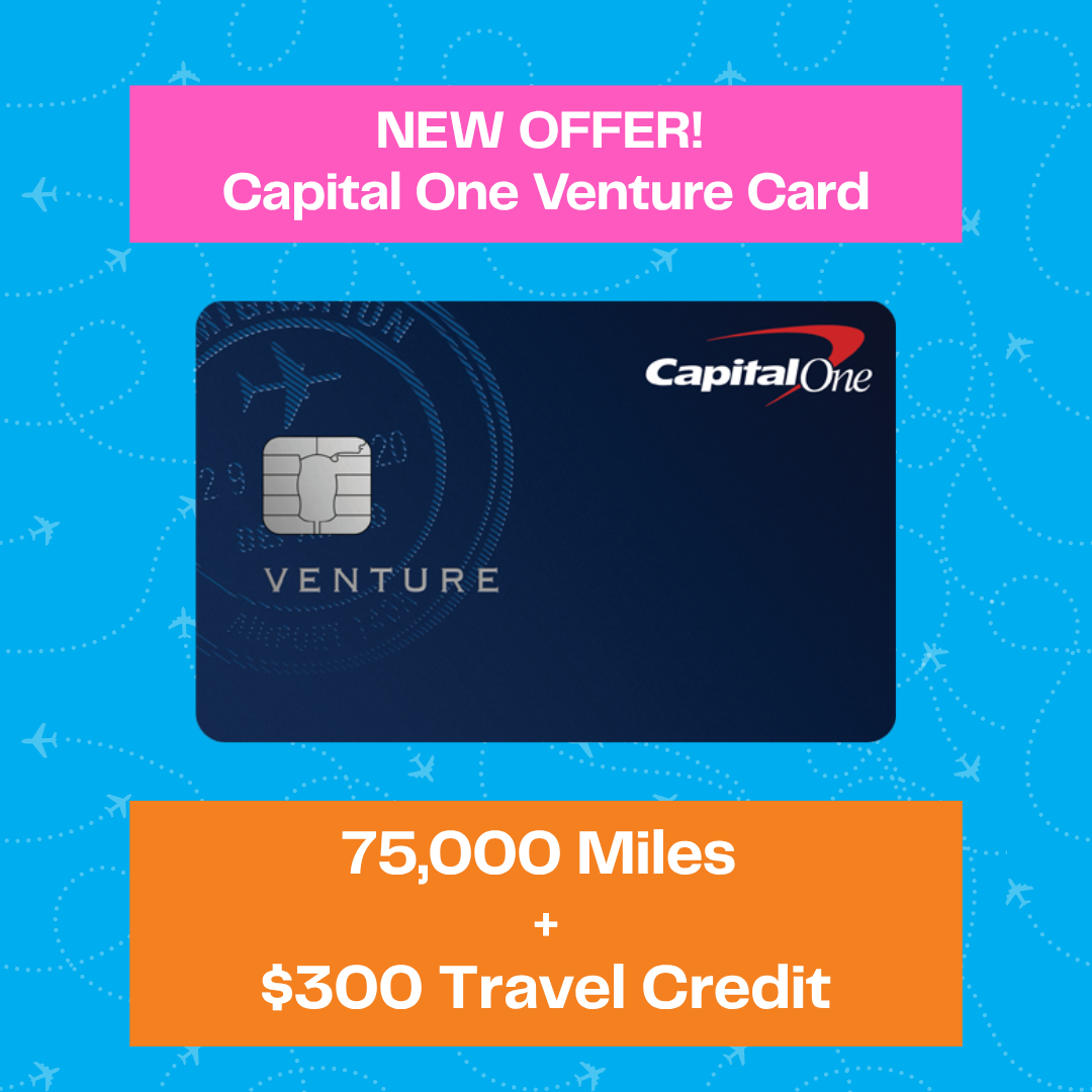 Capital One Venture Card offer: Earn 75,000 miles plus $300 travel credit. Blue card image on a blue background with travel icons. Text highlights the new offer.