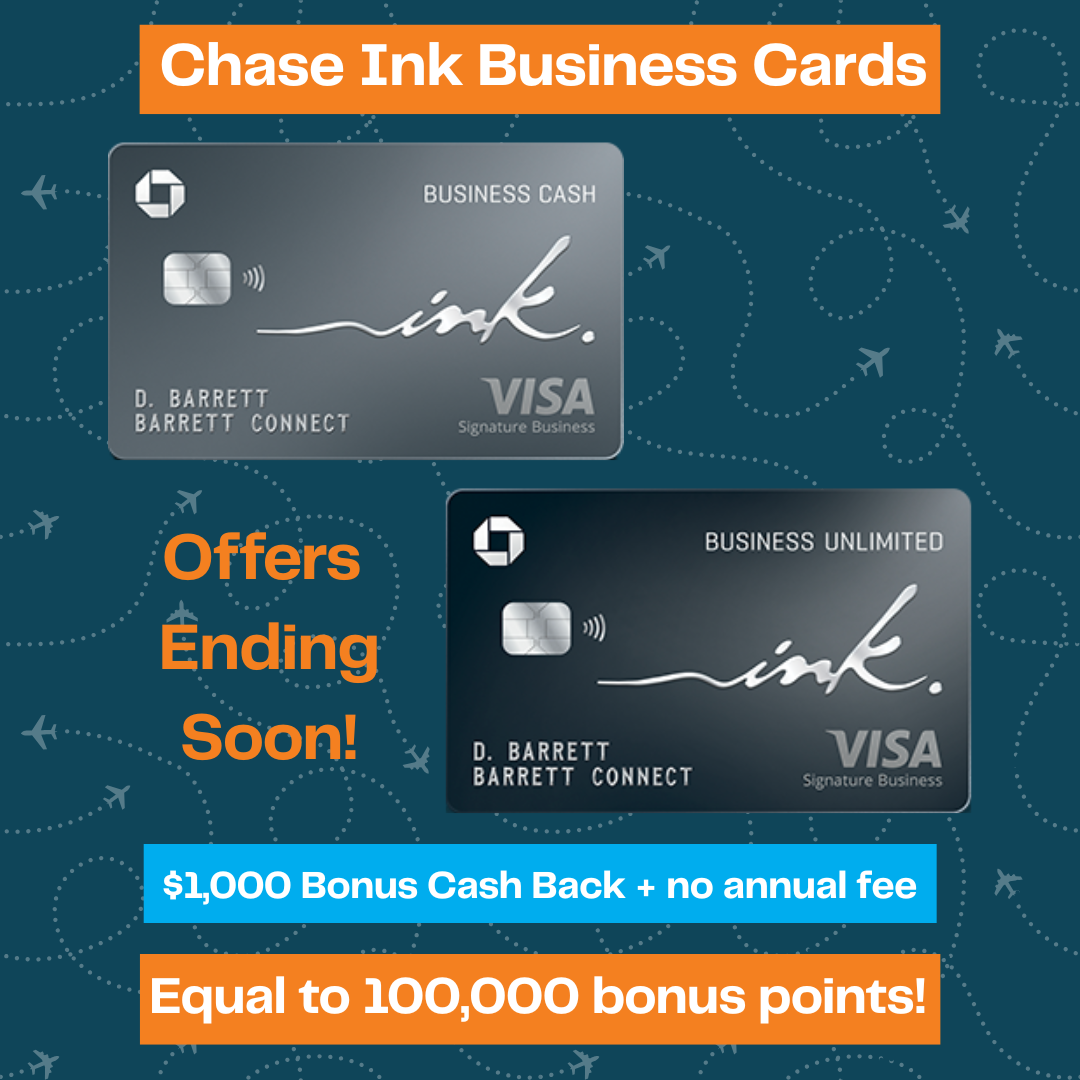 Two Chase Ink Business credit cards on a blue patterned background. Text highlights a $1,000 bonus cash back offer, no annual fee, and notes that the offer ends soon. Orange and blue banners emphasize the promotion.