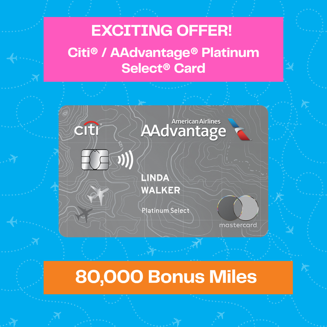 Promotional graphic for the Citi / AAdvantage Platinum Select credit card offering 80,000 bonus miles.