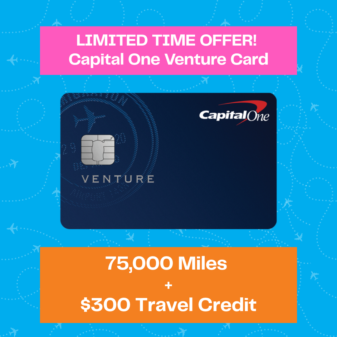 Limited time offer for the Capital One Venture card, featuring a bonus of 75,000 miles and a $300 travel credit.